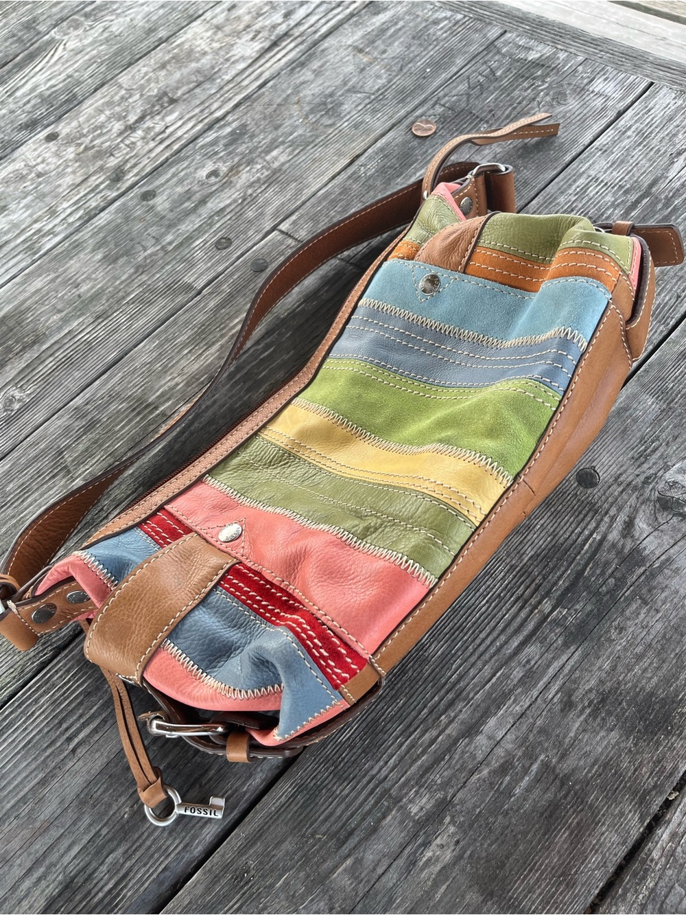 Fossil Vintage Multicolor Leather Patchwork shoulder  Bag /key charm, like new